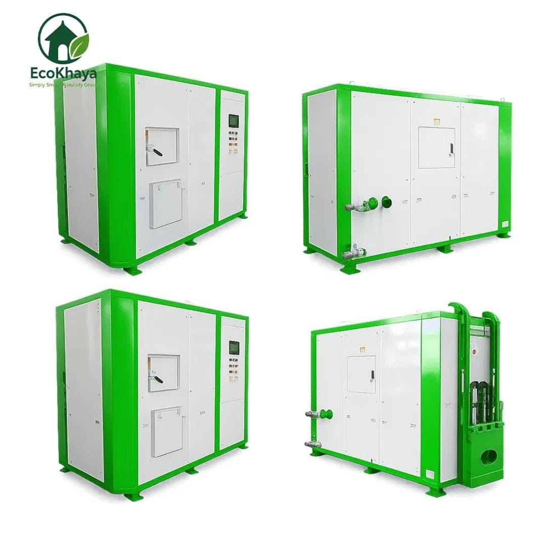 Four angles of the EcoKhaya EK-Series unit showing the control side, service side, front and rear with dewatering outlets