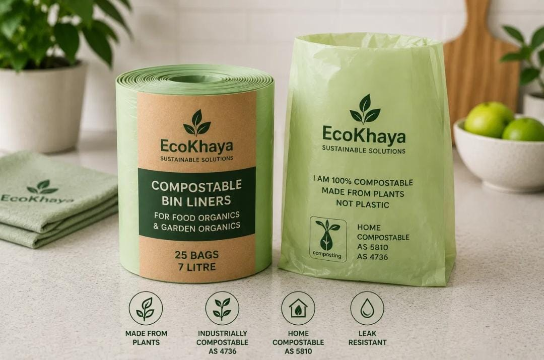 EcoKhaya compostable bin liners roll and plant-based bag, AS 4736 certified